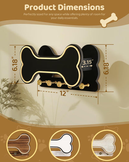 MTERSN Dog Leash Holder for Wall with Key Hooks for Dog Gear Storage, Brown | 3D Puppy Paw Hooks, Doggie Bone Shape, Key Rack with 5 Hooks, Wall Shelf for Treats & Dog Food, Ideal for Wall Decor
