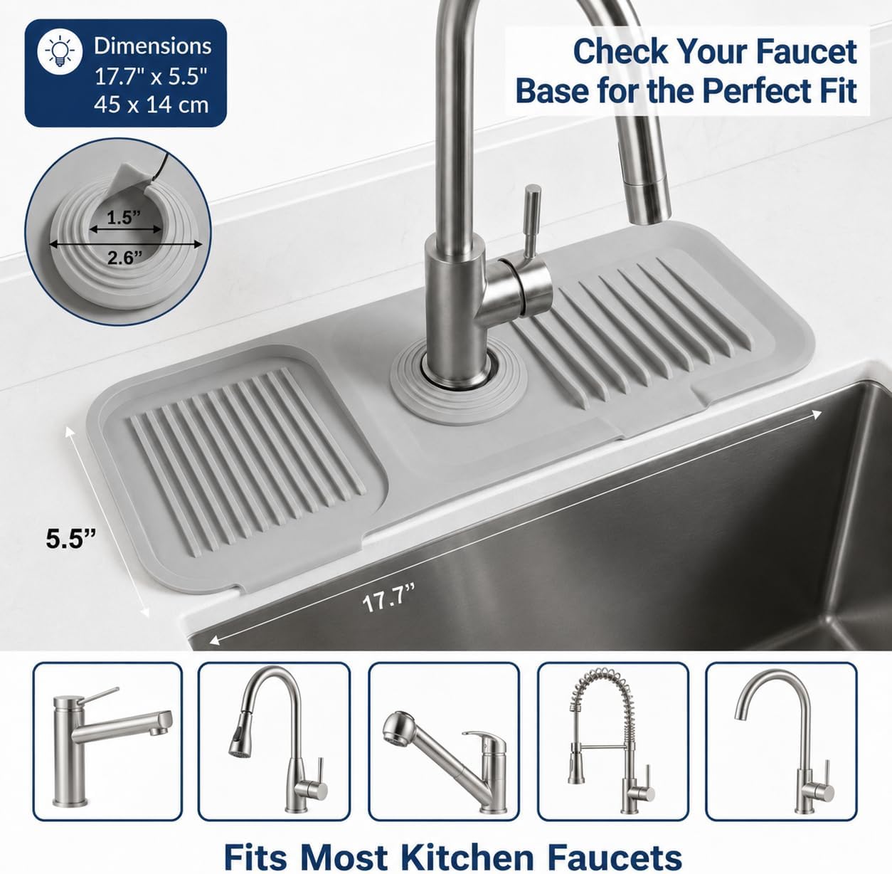 Faucet Mat for Kitchen Sink, Silicone Splash Guard, 17.7x5.5 in, Light Gray | 5° Fast-Draining Slope, Trimmable 1.5–2.6 in Center Hole