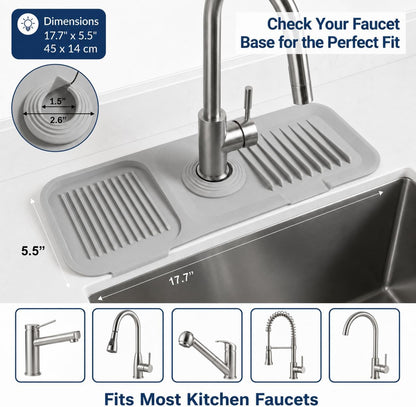 Faucet Mat for Kitchen Sink, Silicone Splash Guard, 17.7x5.5 in, Light Gray | 5° Fast-Draining Slope, Trimmable 1.5–2.6 in Center Hole