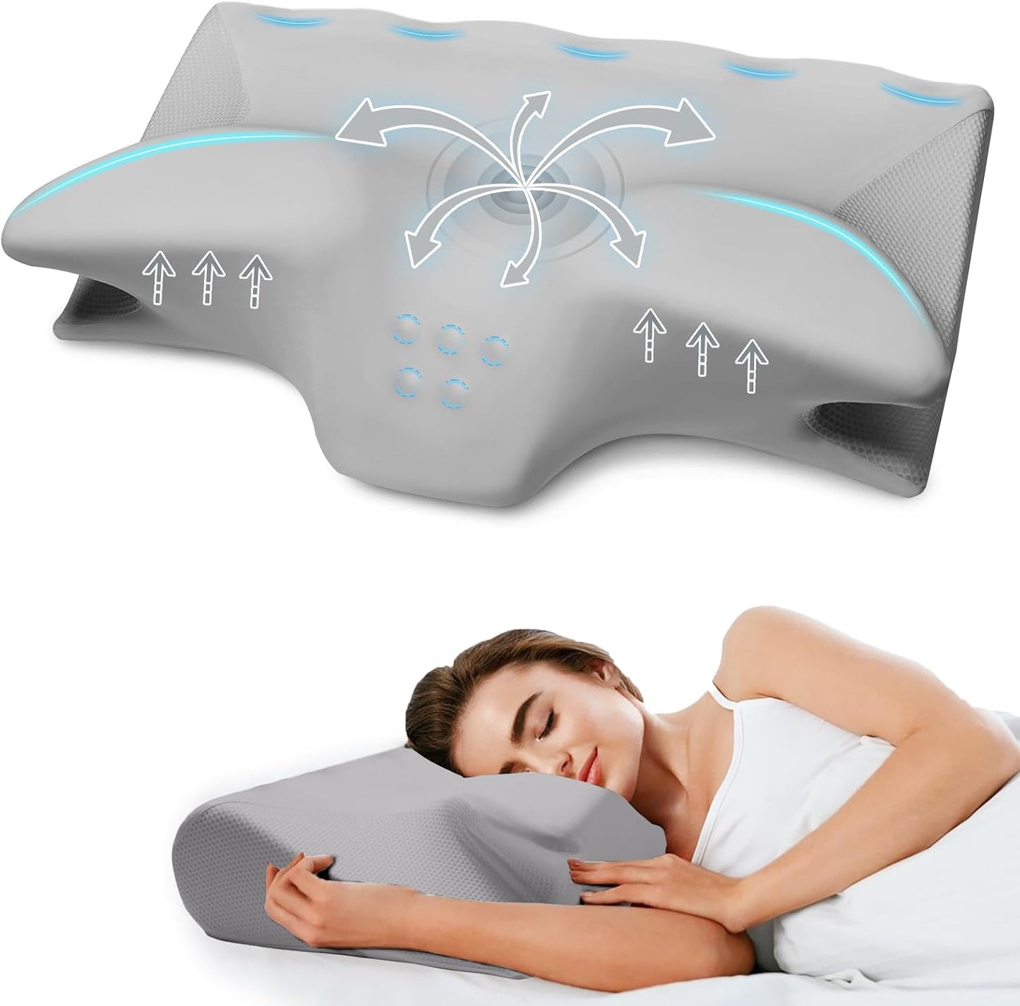 Cervical Pillow for Neck Pain Relief, Cooling Contour Memory Foam Pillows Support Odorless Ergonomic Neck Pillow Adjustable Orthopedic Bed Pillow for Side Back Stomach Sleeper with Pillowcase,Snow