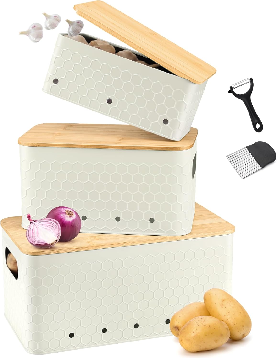 Kitchen Vegetable Storage Set of 3, Metal Onion Garlic Potato Storage Set, Kitchen Canisters Vegetable Keeper Containers with Aerating Holes and Bamboo Lid,Black