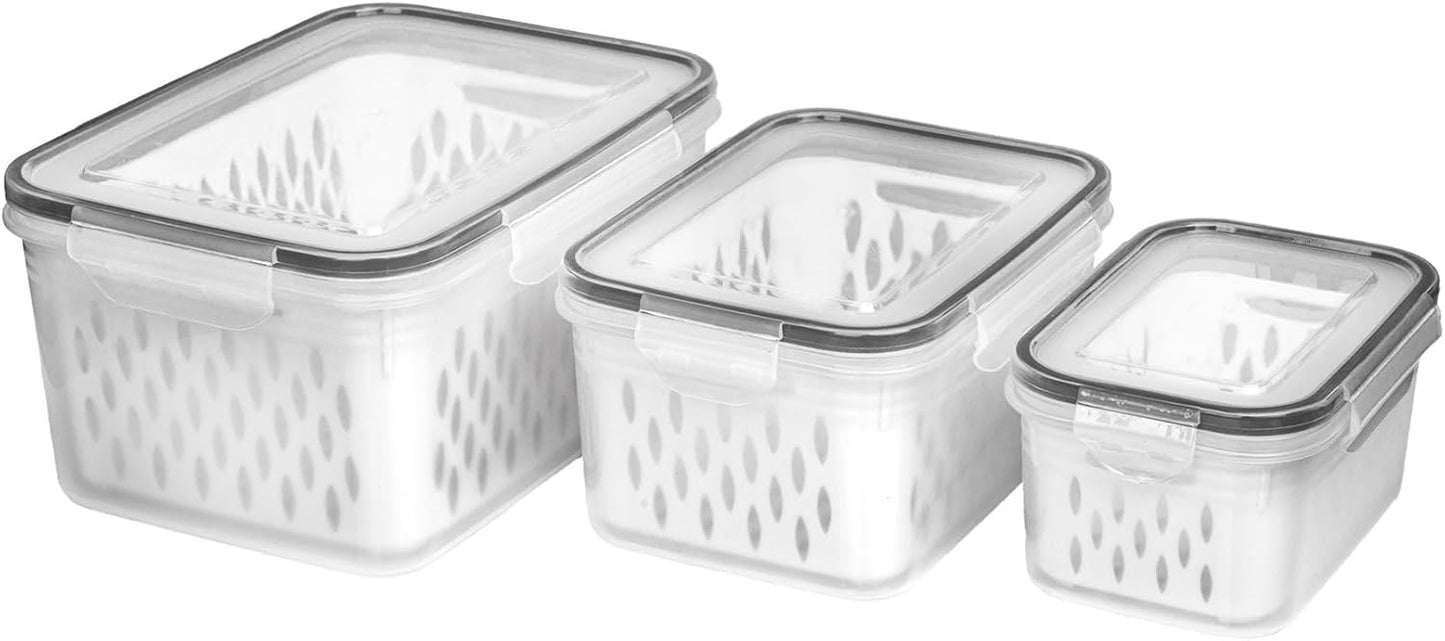 Fruit and Vegetable Storage Containers for Fridge, 6 Pcs/3 Sets Keep Fresh Produce Saver Containers Keeper, Food Storage Containers with Removable Colander (grey)