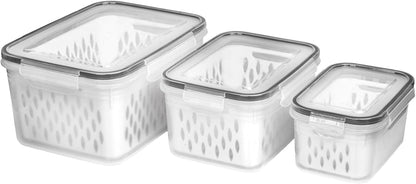 Fruit and Vegetable Storage Containers for Fridge, 6 Pcs/3 Sets Keep Fresh Produce Saver Containers Keeper, Food Storage Containers with Removable Colander (grey)