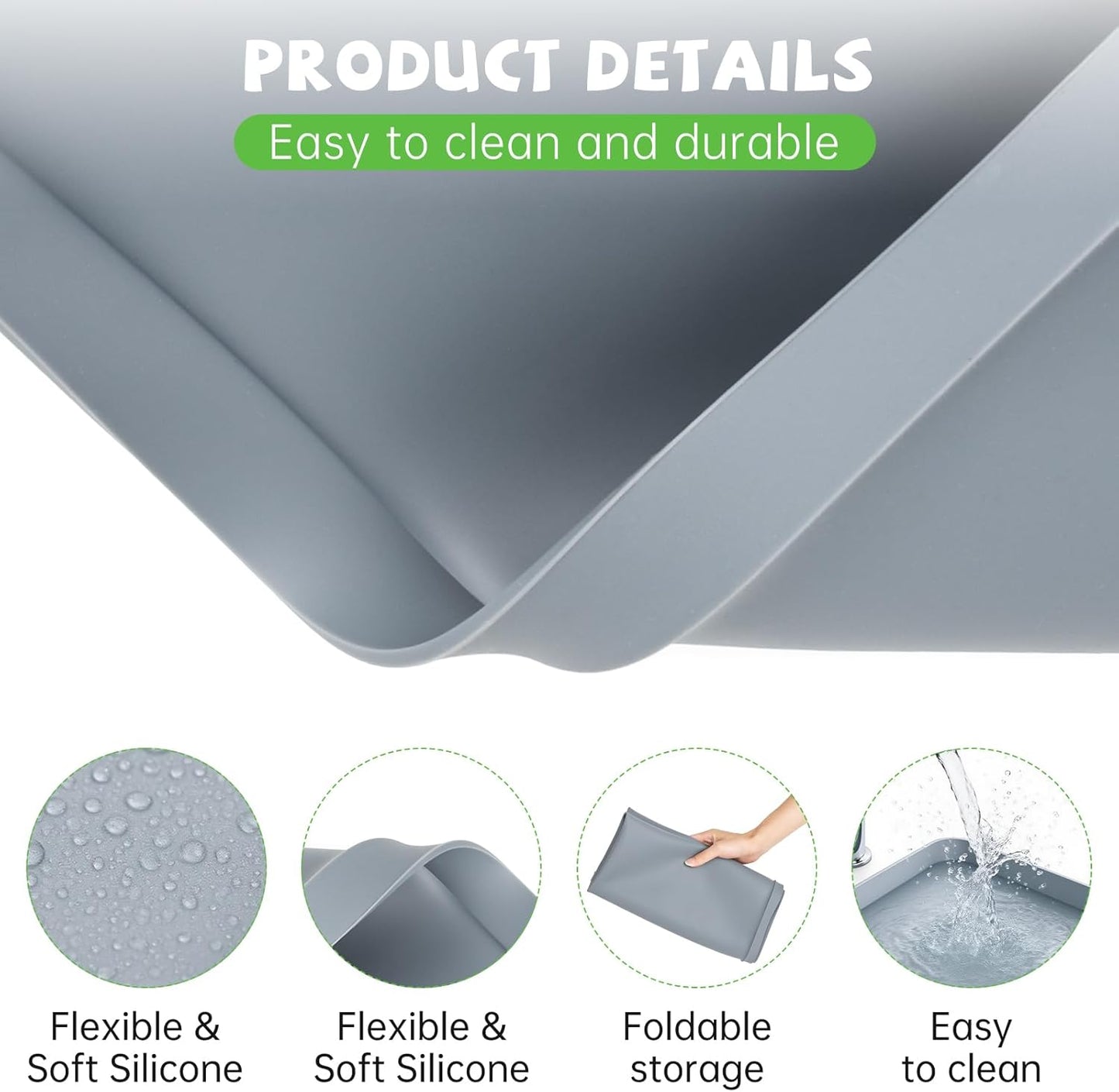 Washing Machine Drain Pan, 27x27 Inch Silicone Mat with Raised Edge | Waterproof Leak Protector Tray for Under Washer and Dryer, Anti-Slip and Foldable Laundry Room Mat