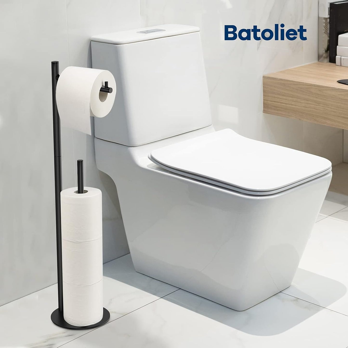 Toilet Paper Holder Stand, Bathroom Free Standing with Storage, Black | Rustproof Toilet Paper Roll Holder for 4 Rolls,with Non-Slip Stable Base,Bathroom Organizers and Storage