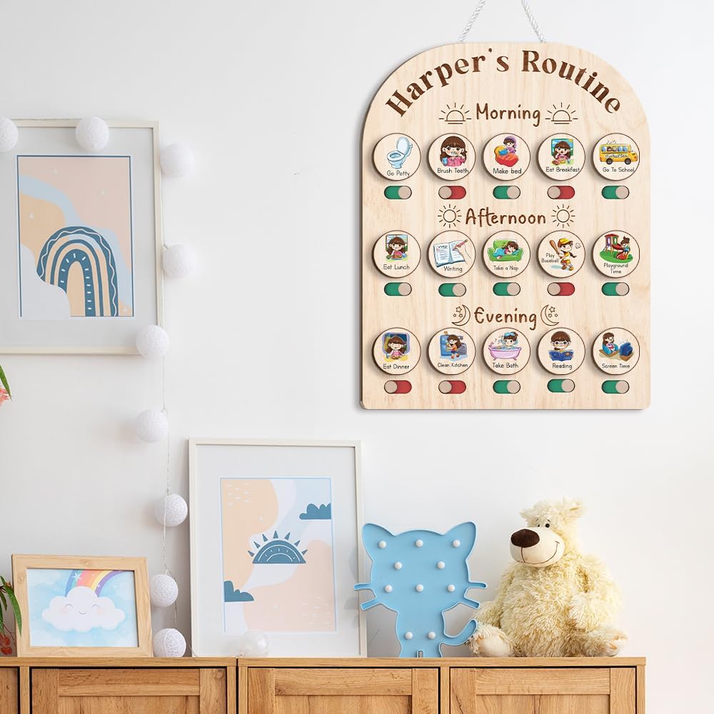 Daily Routine Chart for Kids, Visual Schedule, Routine Chart for Toddlers 3-5, Morning Bedtime Routine Chart for Toddlers, Wooden Chore Chart for Kids