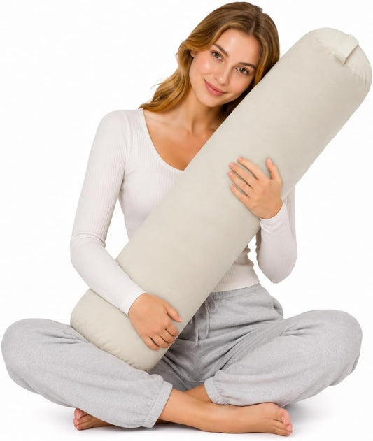 SAMTY Bolster Pillow for Adults, Long Round Body Pillow for Bed, 76x7.87 | Beige, Velvet Lumbar Pillow, Soft Cylindrical Body Pillow, Hidden Zipper And Carry Handle for Sleeping, Reading Relaxing