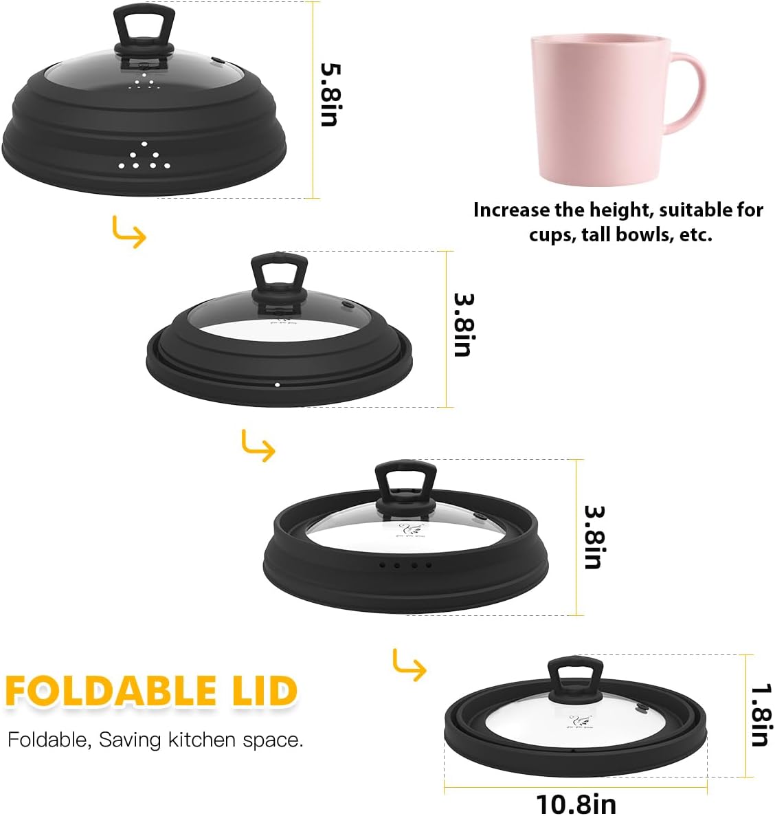Microwave Splatter Cover Vented Glass Splatter Guard Lid with Collapsible Silicone for Food as Pot Cover Plate 10.8 inch for 6 7 8 9 10 inch Plate Bowl