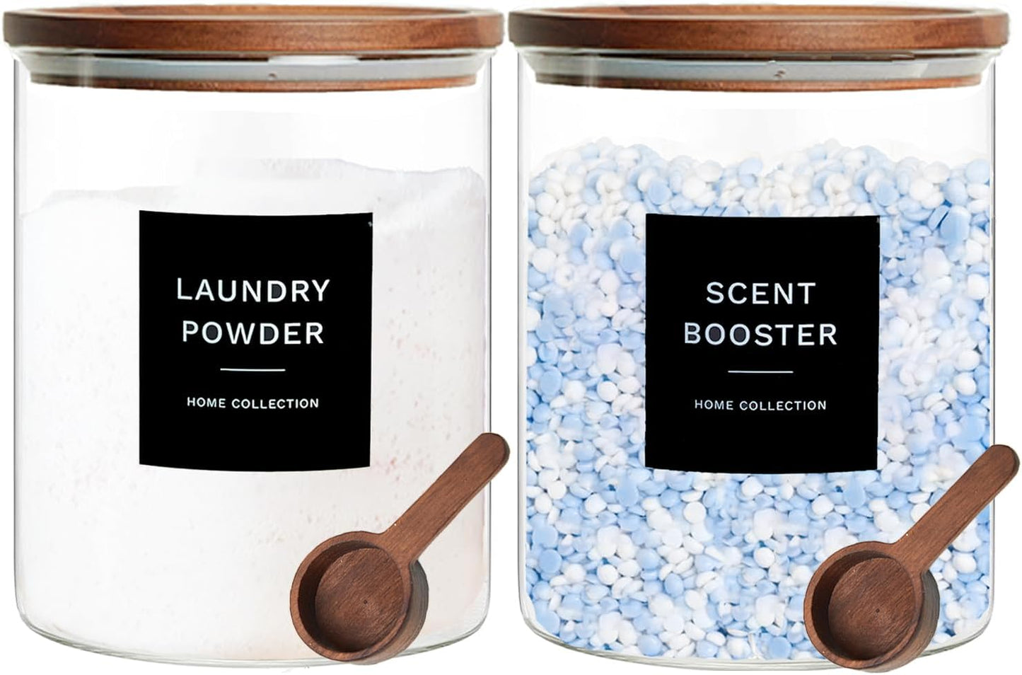 Glass Laundry Storage Containers with Acacia Lids and Scoops, Laundry Jars | 2 Pack Laundry Detergent Canisters for Powder, Laundry Pod Holder & Beads Organizer with Labels for Laundry Room Organization