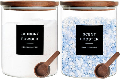 Glass Laundry Storage Containers with Acacia Lids and Scoops, Laundry Jars | 2 Pack Laundry Detergent Canisters for Powder, Laundry Pod Holder & Beads Organizer with Labels for Laundry Room Organization