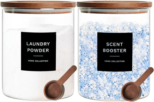 Glass Laundry Storage Containers with Acacia Lids and Scoops, Laundry Jars | 2 Pack Laundry Detergent Canisters for Powder, Laundry Pod Holder & Beads Organizer with Labels for Laundry Room Organization
