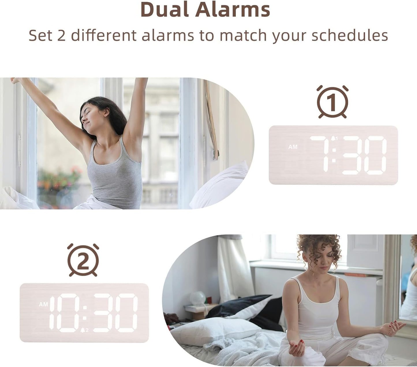 uscce Wooden Digital Alarm Clocks for Bedrooms with 0-100% Dimmable Display | Desk Clock with Large Numbers for Living Room - Loud Dual Alarm for Heavy Sleepers with Volume Control - Wood Decor & Gifts