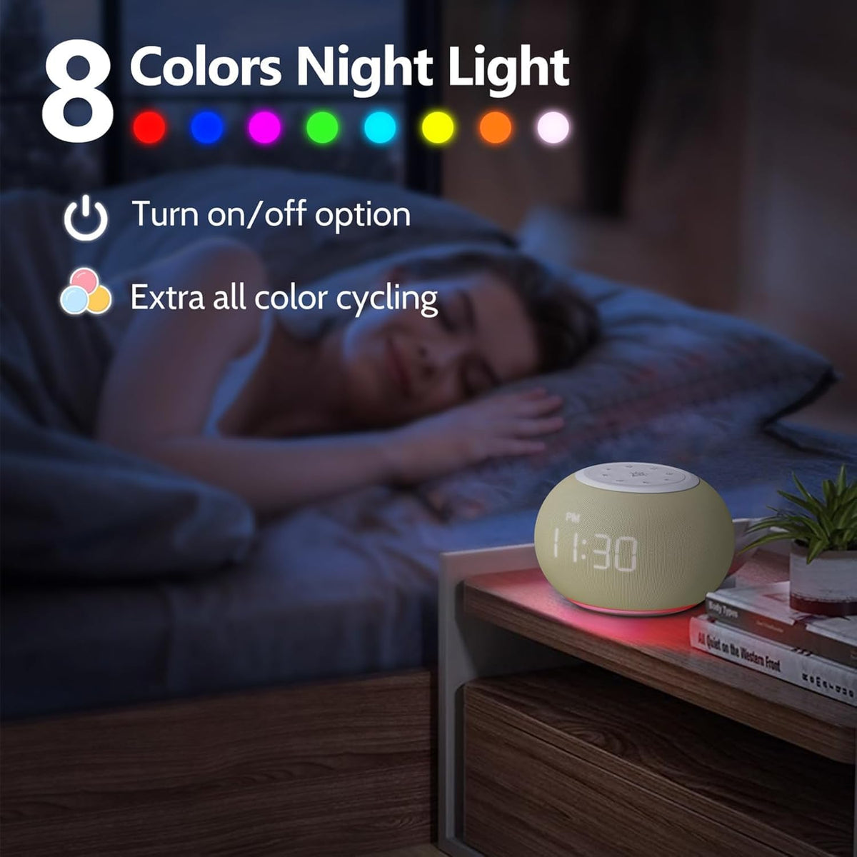 REACHER Auto Dimmable Sound Machine Alarm Clock with Night Light for Girls