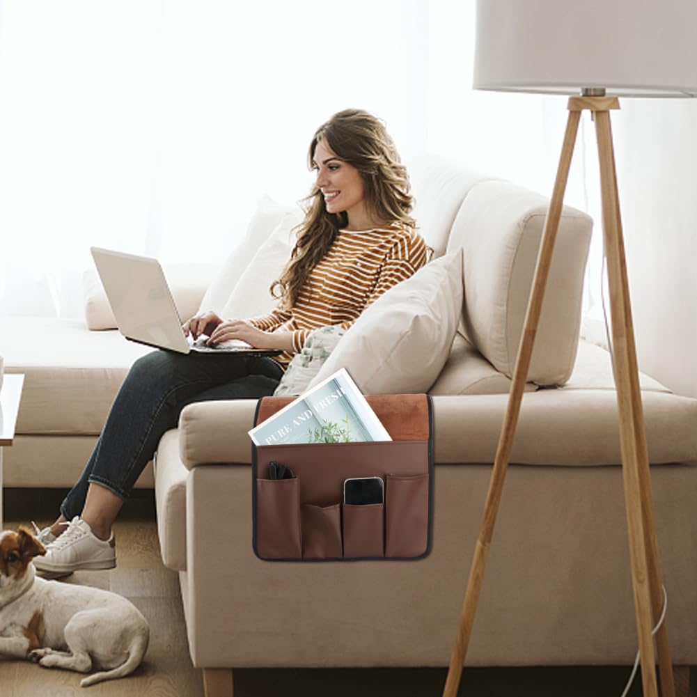 Anti-Slip PU Leather Velvet Sofa Couch Chair Armrest Soft Caddy Organizer Holder with 5 Pockets for Phone, Book, Magazines, TV Remote Control - Draped Over Sofa, Couch, Recliner Armrest (Brown)