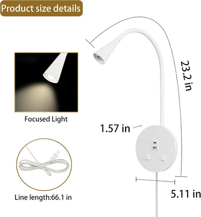 Book Lights for Reading at Night, LED Wall Mounted Reading Light, Flexible Gooseneck Wall Lamps for Bedroom, Plug in Wall Lights with USB Charging, Bedside Wall Sconces Focused Bed Lamp (Black)