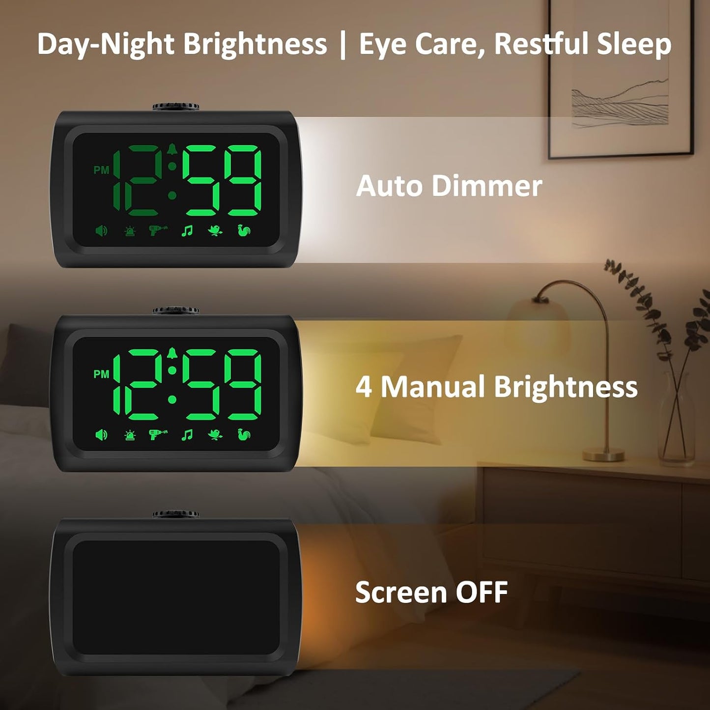 Peakeep 115dB Super Loud Alarm Clock for Heavy Sleepers Adults Teens | Large Display Auto/Manual Brightness for Bedrooms, USB Charger, 6 Wake-up Alarm Sounds Battery Backup, Oversleeping Fix
