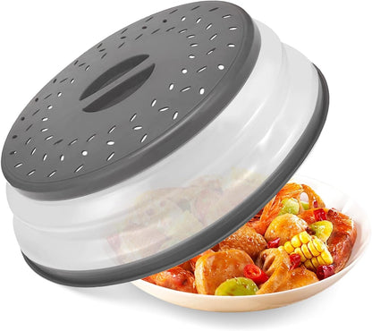 Microwave Splatter Cover Collapsible Microwave Cover for Food 10.5 inch | Easy Grip Handle, Fruit Drainer, BPA-Free, Dishwasher Safe, Grey