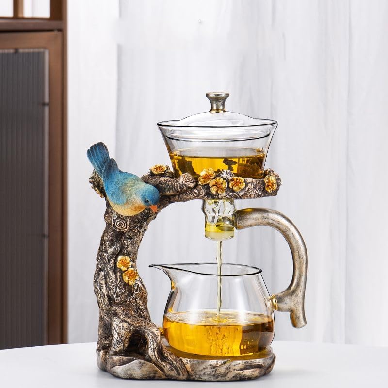 Glass Teapot Set Animal Bird Design Semi-automatic Drip Rotating Bowl with Infuser Lazy Kungfu Tea Pot Set (teapot)