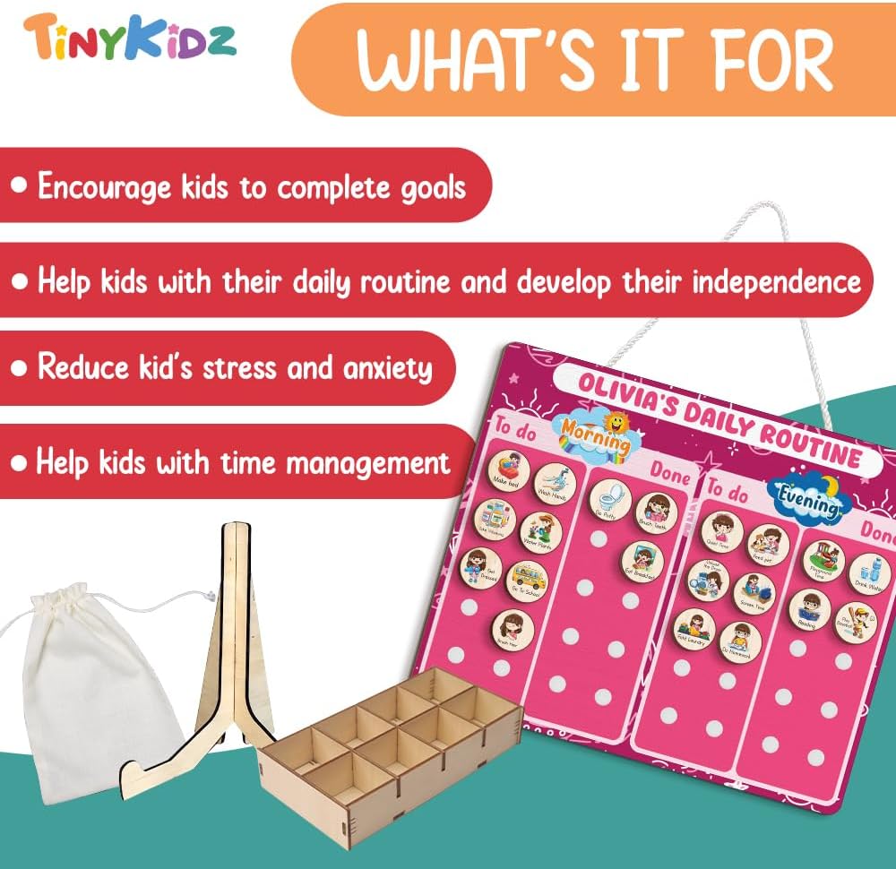Daily Routine Chart for Kids, Visual Schedule, Routine Chart for Toddlers 3-5, Morning Bedtime Routine Chart for Toddlers, Wooden Chore Chart for Kids