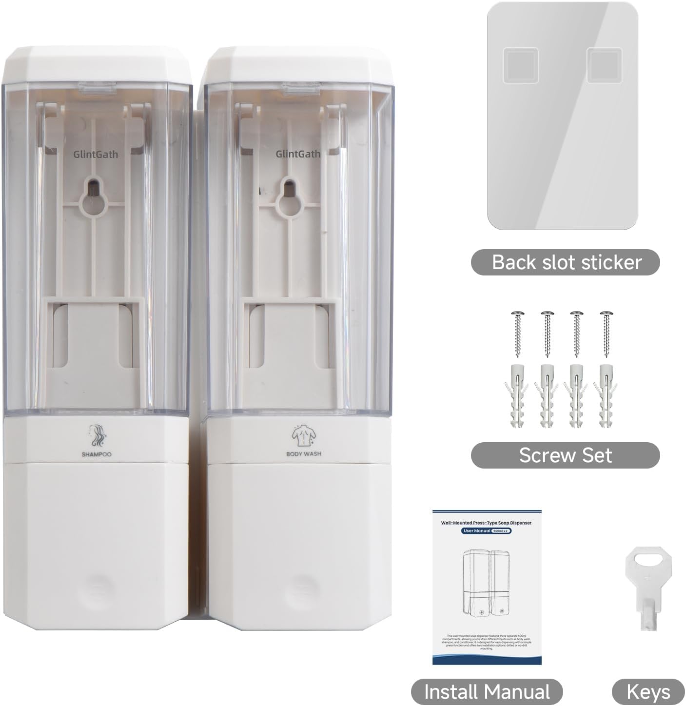 GlintGath Shower Dispenser 3 Chamber No Drill Wall Mounted Shampoo Conditioner Body Wash Dispenser, Large Capacity 1500ML, Black