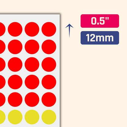 1/2" - Colored Dot Stickers, Round Labels - 6 Colors