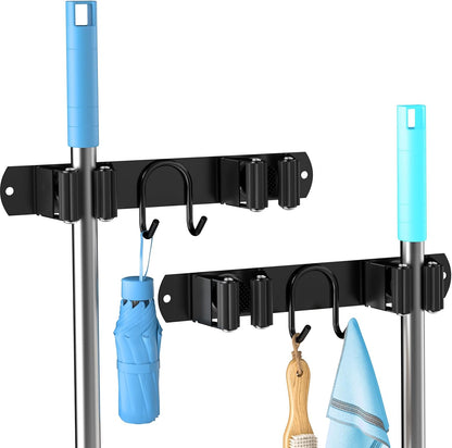 Broom Holder Wall Mount, Stainless Steel Mop and Broom Organizer, Broom Hanger with 2 Slots 2 Hooks for Home Kitchen, Garage, Garden and Laundry Room, Black