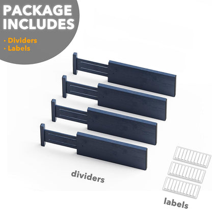 SpaceAid Bamboo 4 Pack Dresser Drawer Dividers, 4.65“ High Adjustable 12.5“-17” Drawer Organizers, Expandable Organization for Clothing, Clothes, Dressers, Black