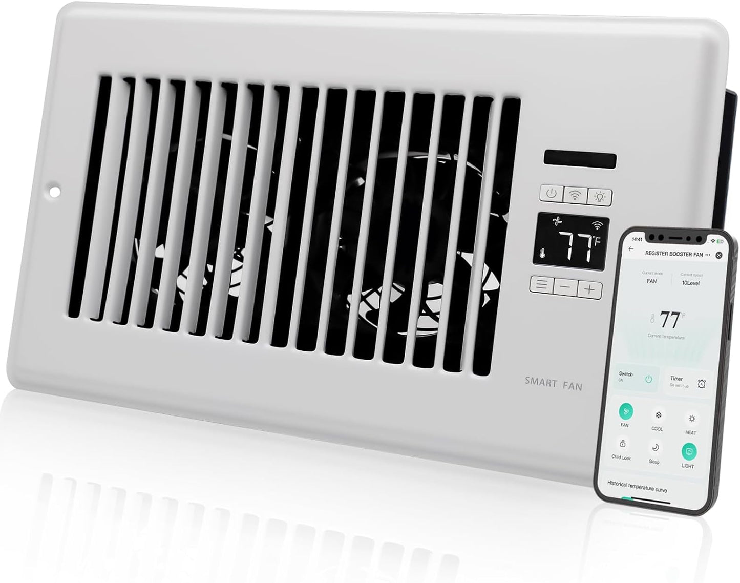 Howeall Super Quiet Register Booster Fan for 4" x 10" Register Holes, Smart Register Vent with Dual Intelligent Thermostat and WIFI App Control, Heating Cooling AC Vent Fan (White)
