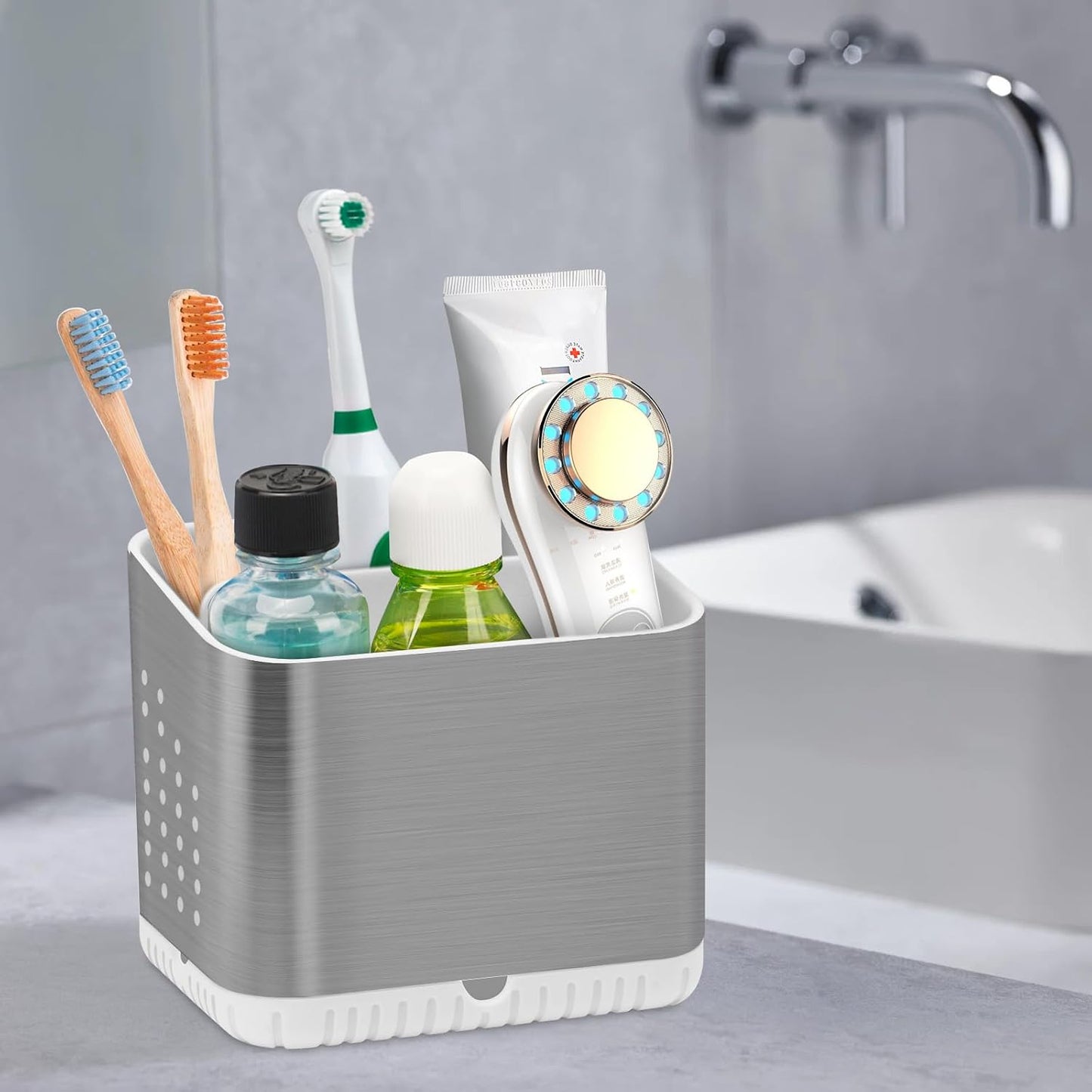 Bathroom Toothbrush Holders, Toothbrush and Toothpaste Holder (Wood Grain) | Easy To Clean, Drainage, Removable, Non-Slip, 4 Slots Tooth Brush Holder for Bathroom Countertop Organizer