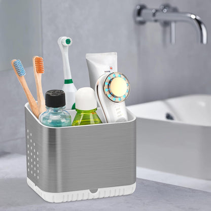Bathroom Toothbrush Holders, Toothbrush and Toothpaste Holder (Wood Grain) | Easy To Clean, Drainage, Removable, Non-Slip, 4 Slots Tooth Brush Holder for Bathroom Countertop Organizer