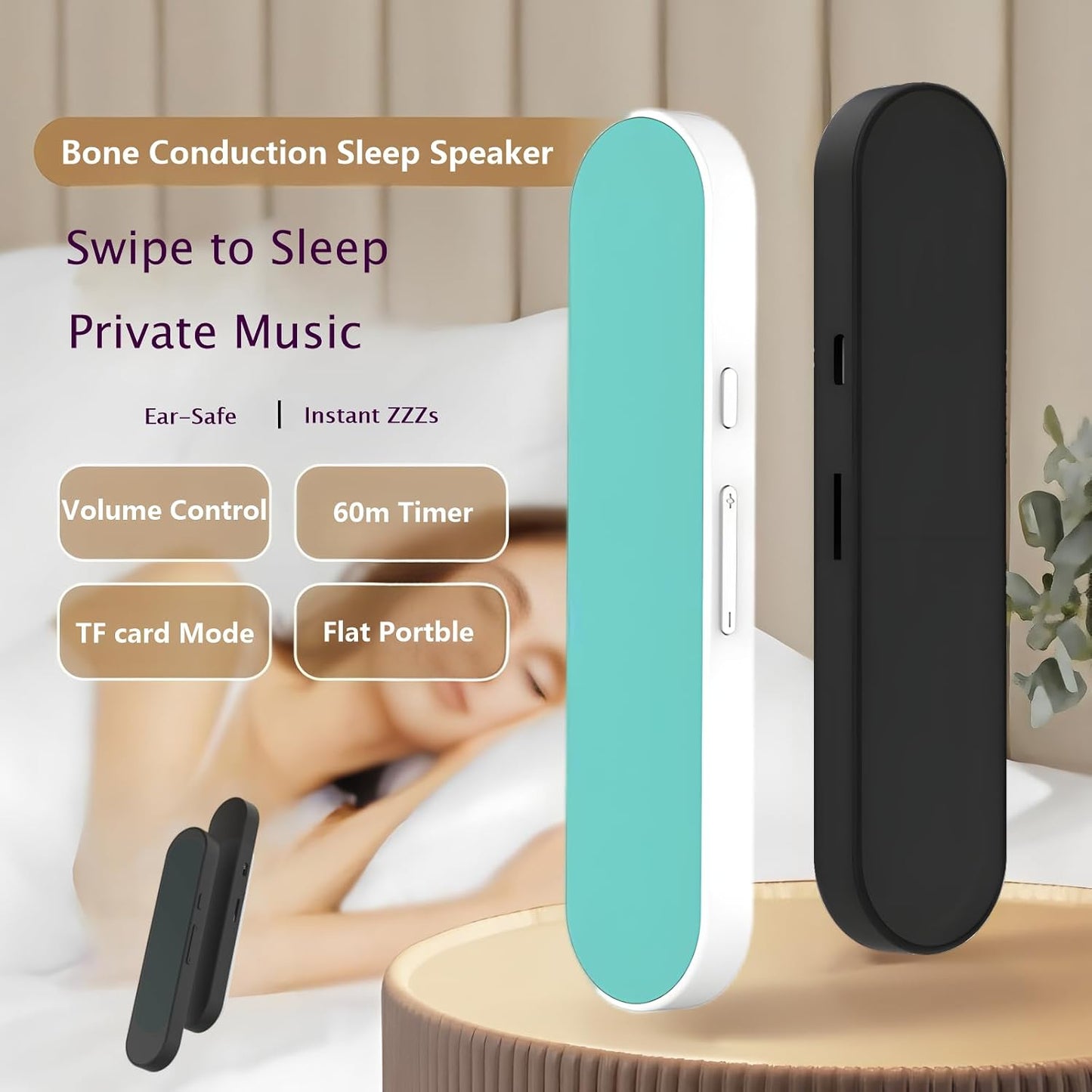 Private Mini Under Pillow Speaker Bluetooth for Sleeping, Portable Bone Conduction Technology with Volume Control/TF Function, Wireless White Noise/Sleep Aid（Inky