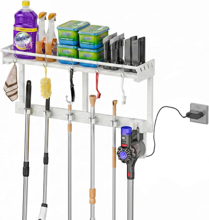 Broom Holder Wall Mount with Shelf, Black, L | 3 in 1 Broom and Mop Organizer, Wall Hanging, For Laundry, Garage, Utility, Vacuum Stand Alternative