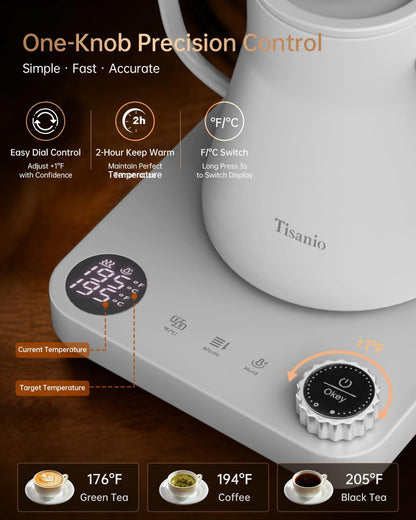 Gooseneck Electric Kettle with Temperature Control, 0.9L, Black | ±1°F Precision Pour Over Kettle, LCD Dual Display, Smart Two-Stage Heating, 2H Keep Warm, 304 Stainless Steel Interior