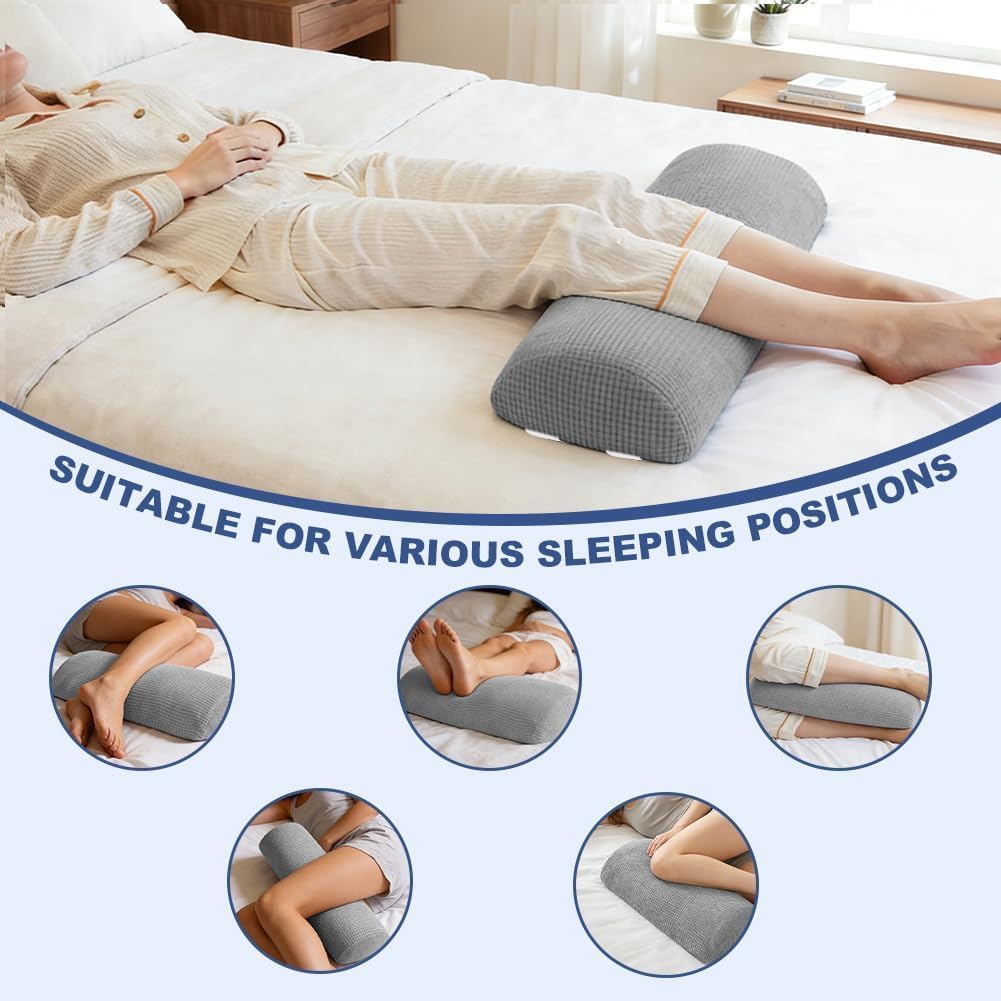 Half Moon Bolster Pillow with Straps, Knee Pillow for Back Sleeping, Under Knee Pillow for Sleeping, Relieves Pain in Legs and Knees, Machine Washable Cover, 24" X 10" X 4", Grey