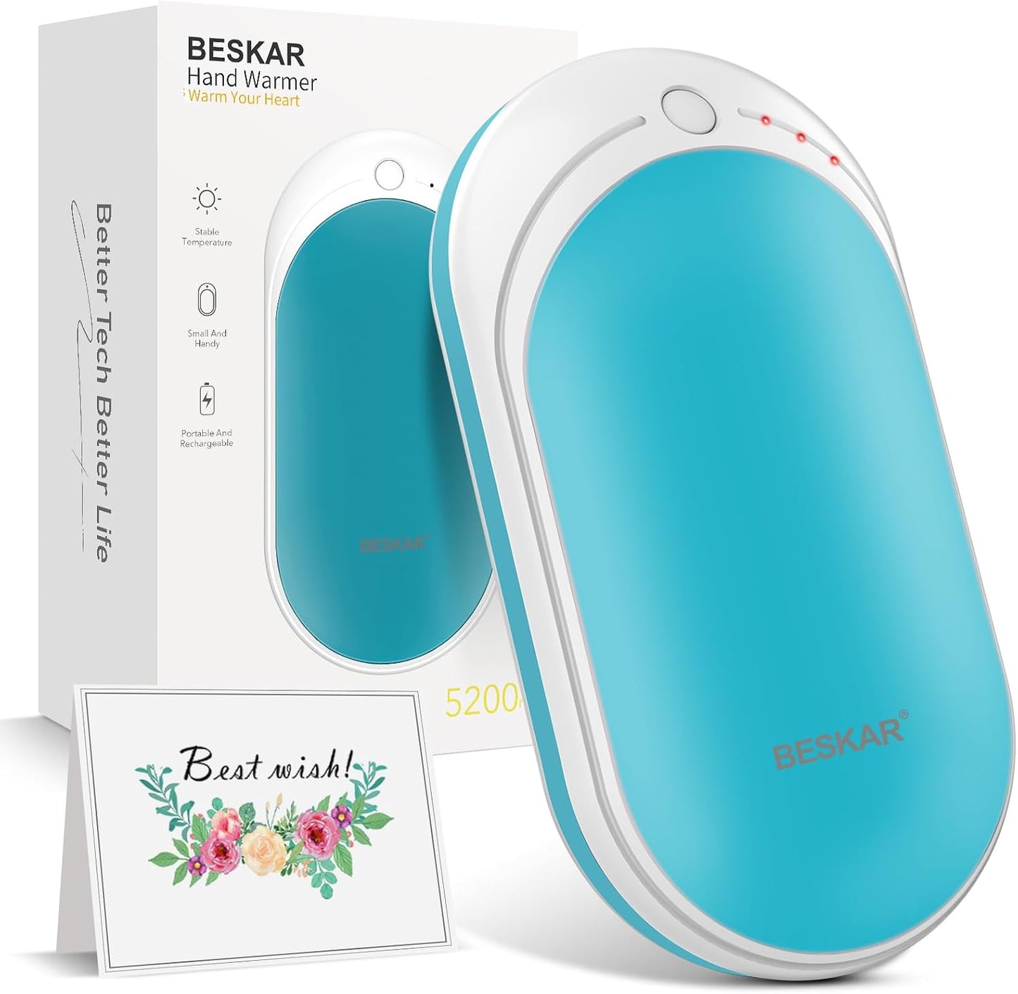 BESKAR Rechargeable Hand Warmer, 5200mAh Electric Hand Heater | Double Sided Heating, USB Quick Charge, Portable Pocket Hand Warmer for Outdoor, Golf, Raynauds