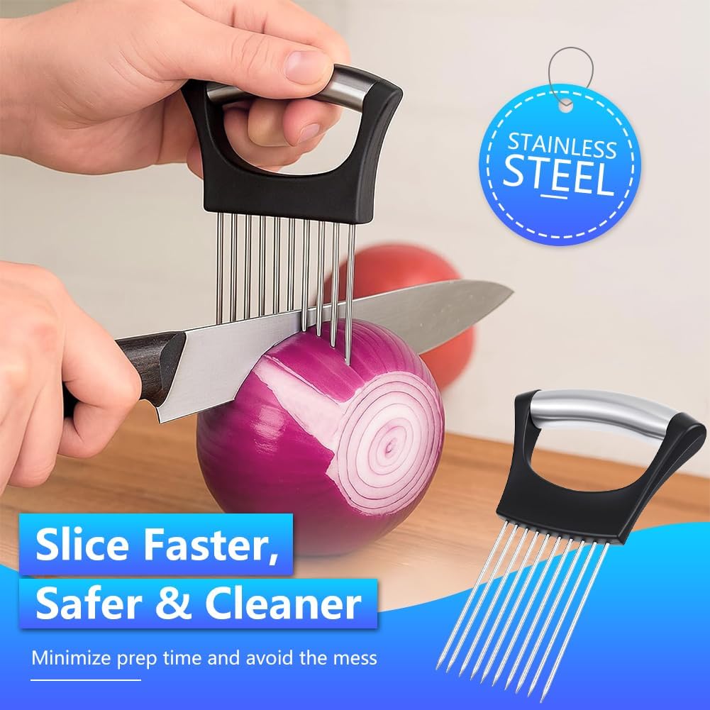 Stainless Steel Onion Holder for Slicing, Onion Slicer and Cutter, Kitchen Utensil for Onions, Tomatoes, Avocados, Eggs, Meat and Vegetables (4Pcs)