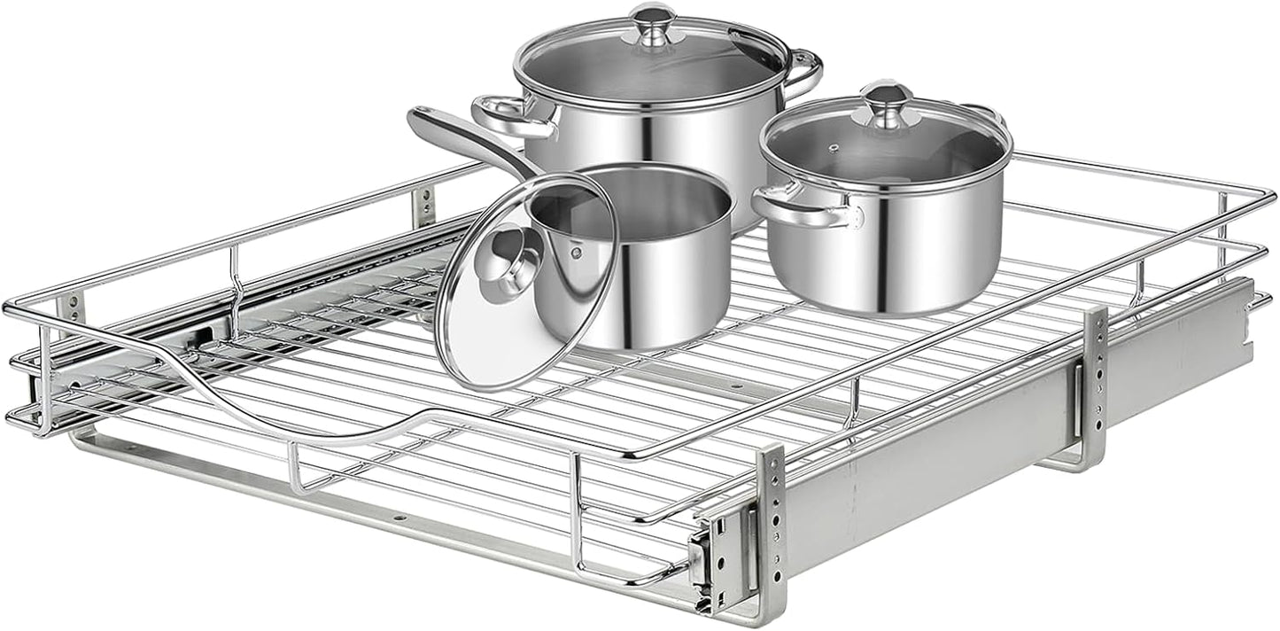 DINDON 1 Tier Pull Out Cabinet Organizer (20" W x 18" D) Heavy-Duty Metal Sliding Drawer Shelf, Slide Out Wire Basket for Kitchen Cabinets, Pantry, Bathroom, Chrome Finish…
