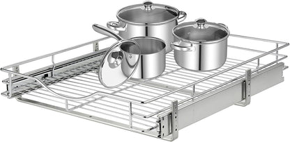 DINDON 1 Tier Pull Out Cabinet Organizer (20" W x 18" D) Heavy-Duty Metal Sliding Drawer Shelf, Slide Out Wire Basket for Kitchen Cabinets, Pantry, Bathroom, Chrome Finish…