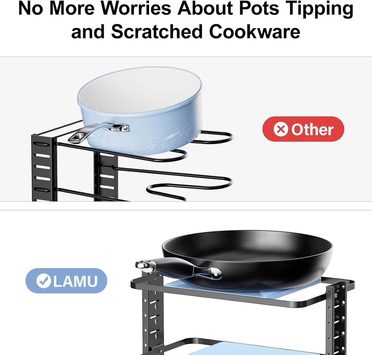 LAMU Pots and Pans Organizer for under Cabinet, 6-Tier Heavy Duty Pan Pot Organizers inside Cabinet Adjustable 14 to 24.57", Pot Rack Kitchen Cabinet Organization and Storage Holds up to 12" Cookware