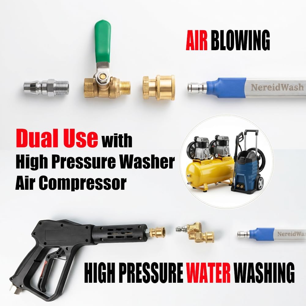 Car Radiator Cleaning Wand, Dual-Use 24‘’ Water&Air Flush Cleaning Tool Max 4500PSI Pressure Washer Wands For Car Truck RV Radiator Gutter, Jetter Nozzle Flat Wand With Angles Coupler