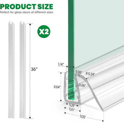 Bathroom Shower Glass Door Bottom Seal Strip, 2PCS 36 Inch Long Clear PVC Seal Strips for 5/16"(8mm) - 3/8"(10mm) Thick Framless Glass Door Panel