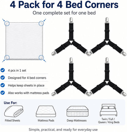 Bed Sheet Holders for Corners 4 Pack 3-Way Grip for Smooth Sheets All Night | Rest easier and wake up to a neater bed, designed to help reduce sheet slipping and bunching