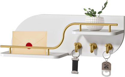Key Holder for Wall, Decorative Key and Mail Organizer with 3 Metal Hooks and 2 Shelves, Wood Wall Mounted Key Rack for Entryway, White
