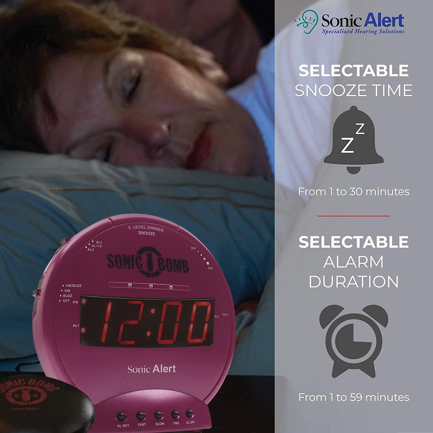 Sonic Alert Sonic Bomb Dual Alarm Clock with Bed Shaker, Black Vibrating Alarm Clock Heavy Sleepers, Battery Backup | Wake with a Shake