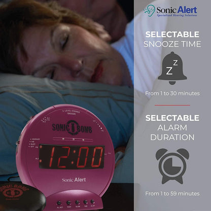 Sonic Alert Sonic Bomb Dual Alarm Clock with Bed Shaker, Black Vibrating Alarm Clock Heavy Sleepers, Battery Backup | Wake with a Shake