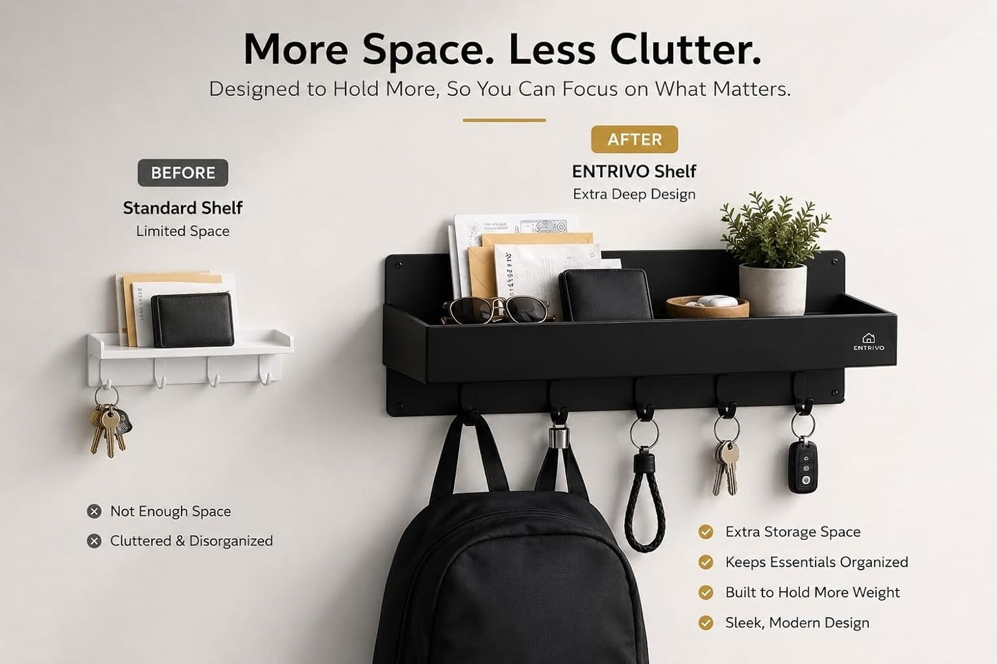 Modern Large Wall Mounted Key Holder with Deep Shelf, Entryway Organizer with 5 Heavy Duty Hooks, Metal Key Rack for Wall, Mail Holder & Dog Leash Hanger, Black