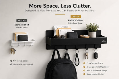 Modern Large Wall Mounted Key Holder with Deep Shelf, Entryway Organizer with 5 Heavy Duty Hooks, Metal Key Rack for Wall, Mail Holder & Dog Leash Hanger, Black