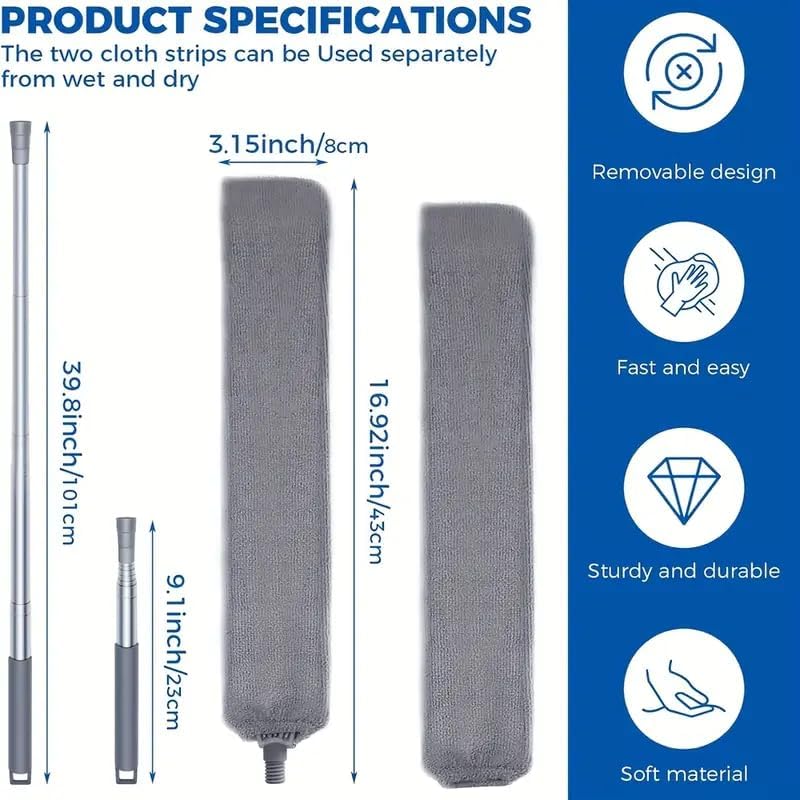 Boolavard Retractable Gap Dust Cleaner Cleaning Tools with 2 Microfiber Dusting Cloths Long Handle 60inches Washable and Retractable Duster Brush for Cleaning Under Appliances Furniture Couch Fridge