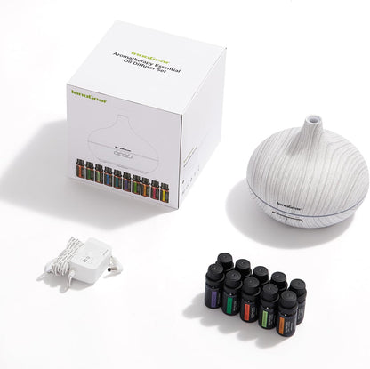 InnoGear Aromatherapy Diffuser & 10 Essential Oils Set, 400ml Diffuser Ultrasonic Diffusers for Home Cool Mist Humidifier with 4 Timers 7 Colors Light Waterless Auto Off, Dark Wood Grain