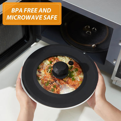 Vented Tempered Glass Universal Lid for Pot Pan Skillet with Heat Resistant Silicone Rim Microwave Splatter Lid Cover Microwave Safe Fit 11.5" 12" 12.5" Cookware, Dishwasher Safe Black
